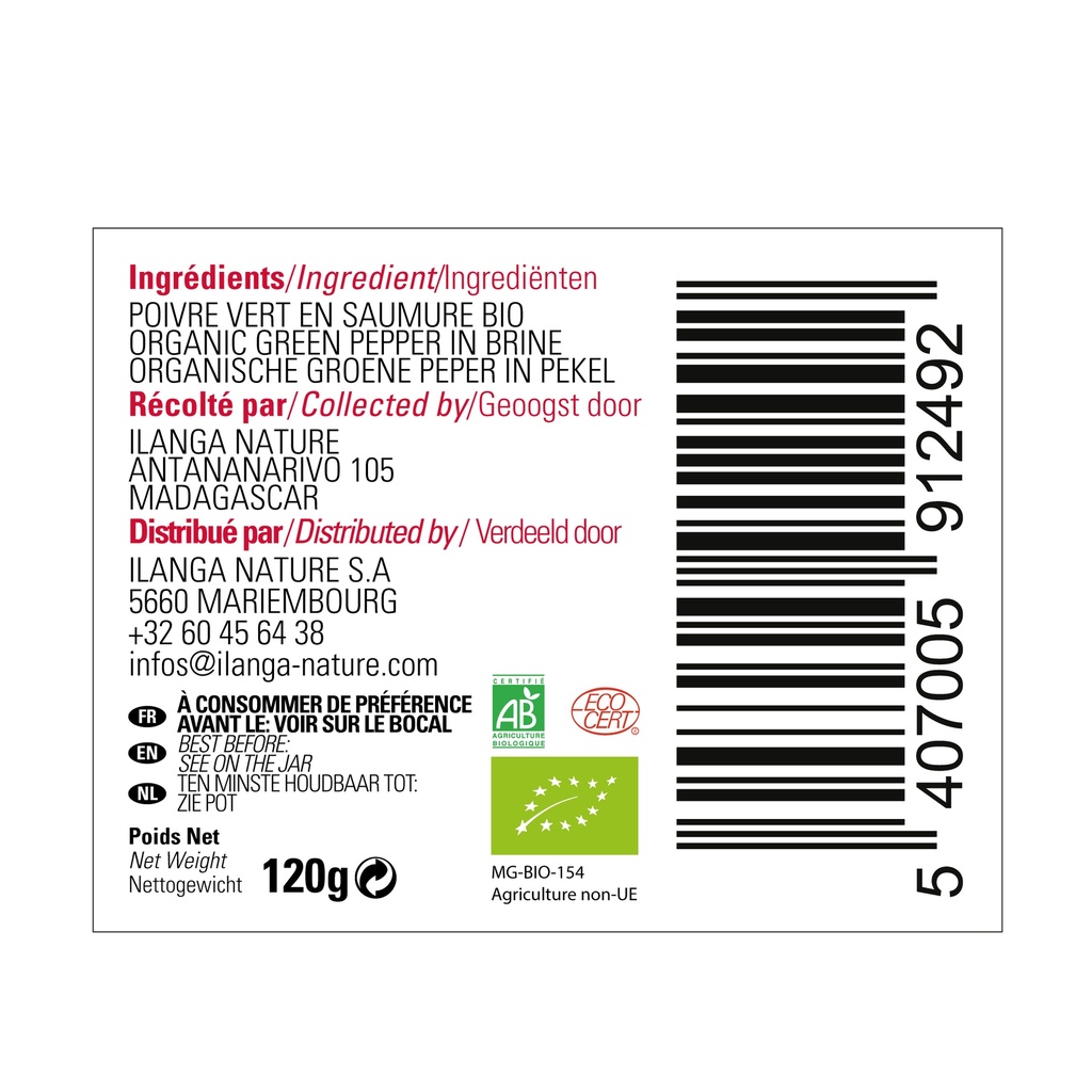 étiquette du poivre vert en saumure 120g BIO