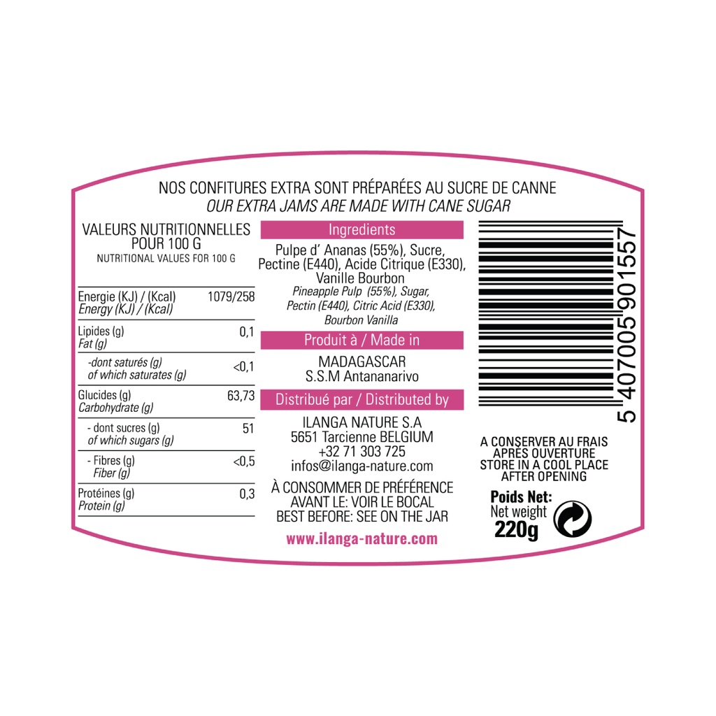 les informations sur la confiture d'ananas vanille 220g
